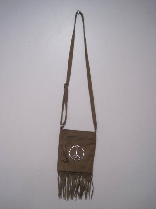 Justice Handbags - Justice Brown Suede Crossbody Shoulder Bag Hippie Peace Sign Fringe Whipstitch